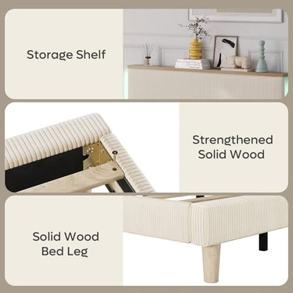 King Bed Frame with Storage Headboard & LED, Upholstered, Beige, view 7
