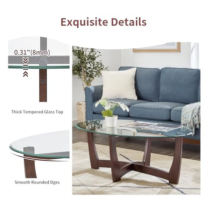 48" Oval Glass Coffee Table with Tempered Glass Top Cross and Solid Wood Base Simple & Modern Center Table for Living Room Office Apartment Cherry