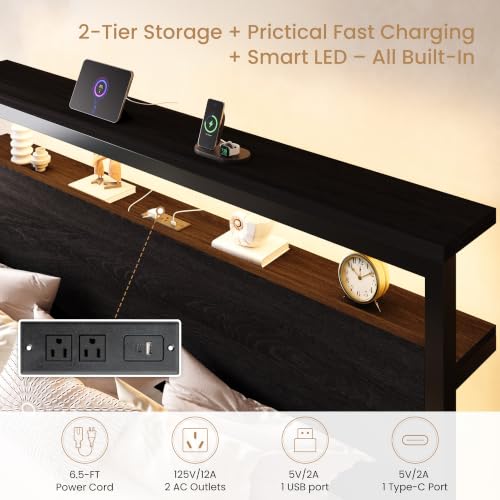 King Bed Frame, 2-Tier Storage Headboard, LED, Charging Station, view 5