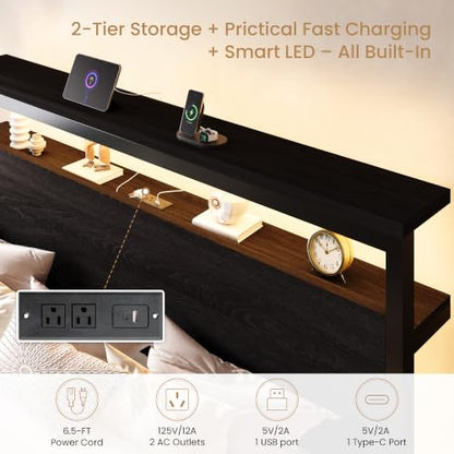King Bed Frame, 2-Tier Storage Headboard, LED, Charging Station, view 5