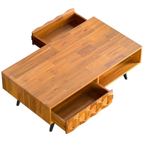 Georgina Solid Wood Coffee Table, 2 Drawers & Open Shelves, Mid Century Modern Center Table, 110 cm, Teak Brown, Pre-Assembled