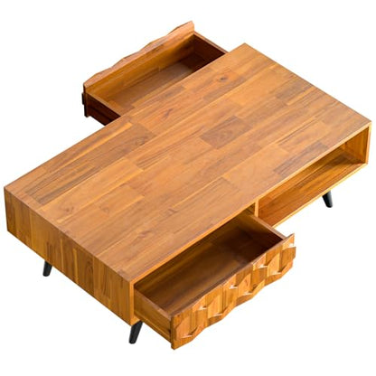 Georgina Solid Wood Coffee Table, 2 Drawers & Open Shelves, Mid Century Modern Center Table, 110 cm, Teak Brown, Pre-Assembled
