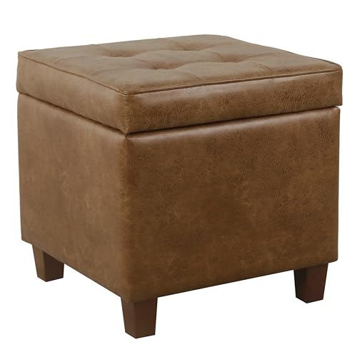 Square Tufted Storage Ottoman - Distressed Brown Faux Leather Small
