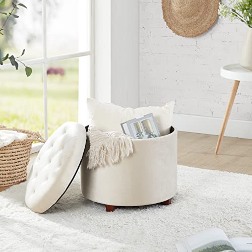 18" Round Storage Ottoman with Lid, Holds 300 lbs, Cream | Velvet Tufted Fabric; Foot Rest Stool & Vanity Chair For Living Room, Bedroom Or Entryway