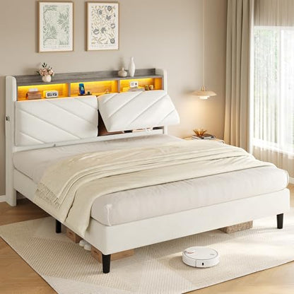 Beige Queen Size Velvet Bed Frame with Ergonomic Headboard, view 2