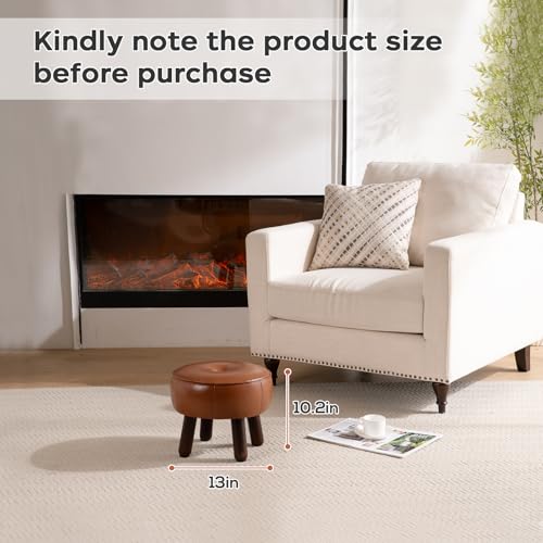 Small Foot Stool, Round Faux Leather Pouf Ottoman Foot Rest, Footstool Ottomans with Rubber Legs Under Desk, 13''L x 13''W x 10.2''H, Footrest for Couch, Living Room, Bedroom, Hallway, Brown