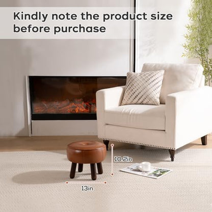 Small Foot Stool, Round Faux Leather Pouf Ottoman Foot Rest, Footstool Ottomans with Rubber Legs Under Desk, 13''L x 13''W x 10.2''H, Footrest for Couch, Living Room, Bedroom, Hallway, Brown