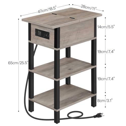End Table with Charging Station, Flip Top Side Table with USB Ports, Narrow Nightstand Bedside Tables with Storage Shelves, for Small Space, Living Room,Greige and Black BG141UBZ01