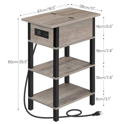 End Table with Charging Station, Flip Top Side Table with USB Ports, Narrow Nightstand Bedside Tables with Storage Shelves, for Small Space, Living Room,Greige and Black BG141UBZ01