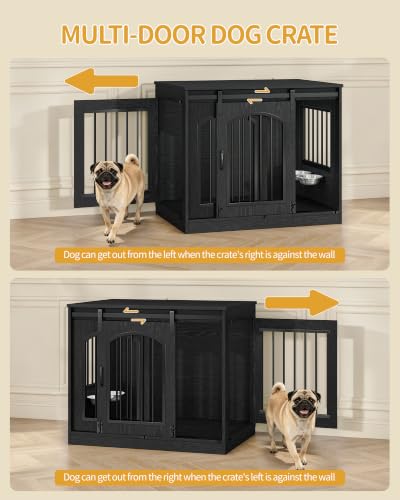 31.5 in Dog Crate Furniture Indoor Dog Kennel with 2 Feeding Bowls, view 6