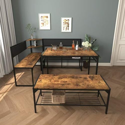 3-Piece Corner Dining Table Set for 4-6, Industrial Kitchen Table and Chair Sets with Storage & Bench, Farmhouse Rectangle Tables & L-shaped Seat for Living Room Breakfast Nook Restaurant, Brown