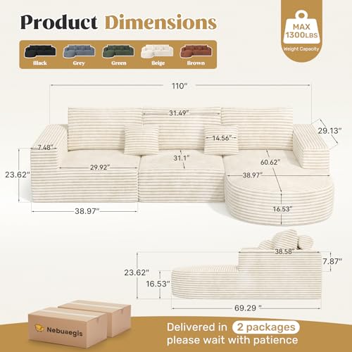 110" Modular Sectional Sofa Couches, Cloud Couches for Living Room, Boneless Sofa with Deep Seat,L-Shape Couch with Chaise,No Assembly Required,Beige,1 PCS
