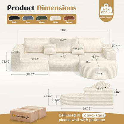 110" Modular Sectional Sofa Couches, Cloud Couches for Living Room, Boneless Sofa with Deep Seat,L-Shape Couch with Chaise,No Assembly Required,Beige,1 PCS