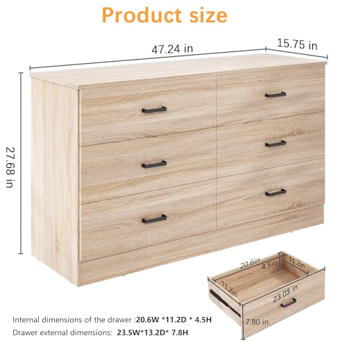 Dresser for Bedroom, 6 Drawer Double Dresser, Modern Chest of Drawers with Deep Drawers, TV Stand Large Storage Organizer for Living Room, Closet (Light Oak)