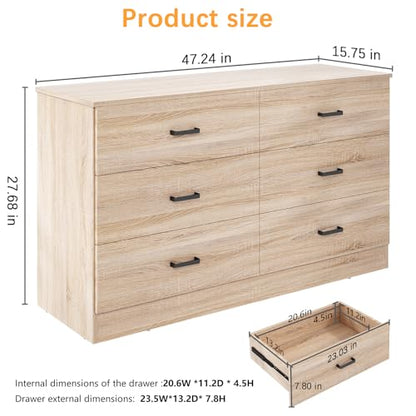 Dresser for Bedroom, 6 Drawer Double Dresser, Modern Chest of Drawers with Deep Drawers, TV Stand Large Storage Organizer for Living Room, Closet (Light Oak)