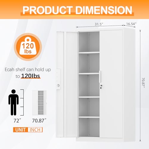 Metal Locking Cabinet,Metal Storage Cabinet with Doors and Shelves,Tall White Cabinets for Home Office,Garage,Warehouse