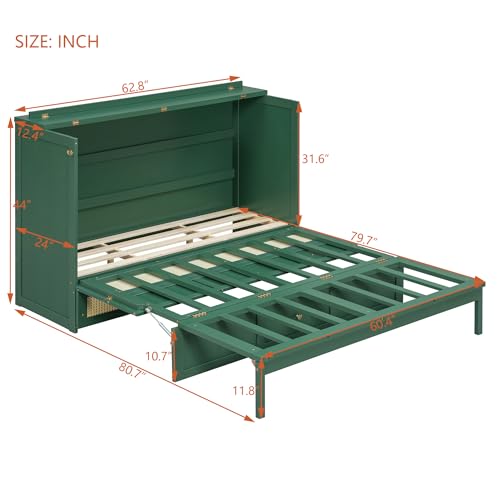 JIVOIT Queen Size Murphy Bed with Large Drawers, Solid Wood Murphy Bed Chest with Rattan Patterned Designs, Multi-Function Design for Guest Room Small Room