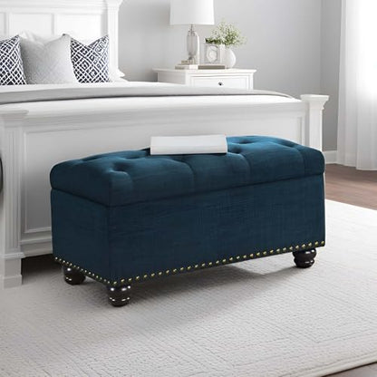 Designs4Comfort 7th Avenue Ottoman Bench 35.5" - Modern Upholstered Footstool & Seat with Hinged Lid & Storage, for Living Room, Bedroom, & Entryway, Dark Blue Fabric