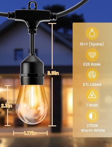 Outdoor Led String Lights 50FT, Patio Lights with 16pcs S14 Shatterproof Bulbs, view 4