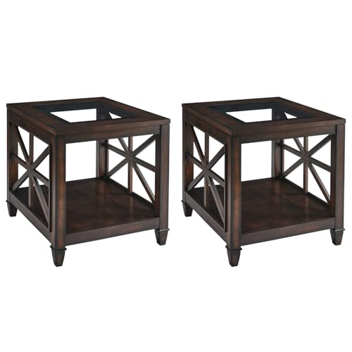 Set of 2 Solid Wood End Tables with Tempered Glass Top, 28" x 24" Large Farmhouse Side Table for Living Room, Bedroom & Office, Vintage Walnut