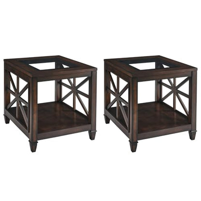 Set of 2 Solid Wood End Tables with Tempered Glass Top, 28" x 24" Large Farmhouse Side Table for Living Room, Bedroom & Office, Vintage Walnut