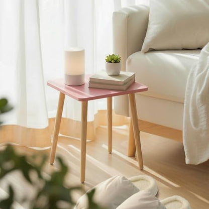 Small Accent Table, Modern Mini Coffee Table with Natural Wood Legs, Quick Assembly End Furniture for Bedroom Living Area Sofa, Minimalist Design for Nuresery and Compact Homes, Pink