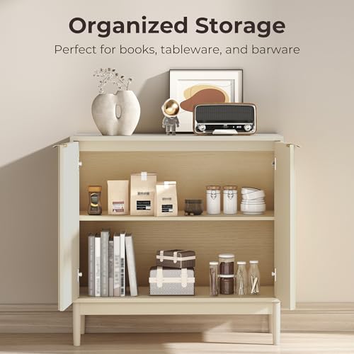 Fluted Cabinet with Storage, Buffet Cabinet Sideboard with 2 Doors, Beige Buffet Storage Accent Cabinets with Adjustable Shelves for Living Room, Entry, Hallway, Kitchen