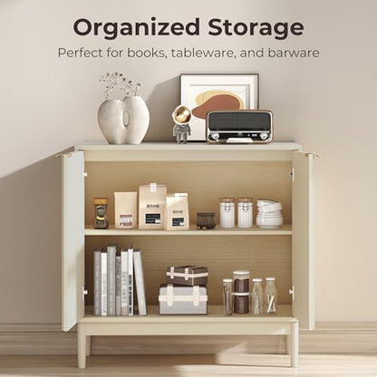 Fluted Cabinet with Storage, Buffet Cabinet Sideboard with 2 Doors, Beige Buffet Storage Accent Cabinets with Adjustable Shelves for Living Room, Entry, Hallway, Kitchen