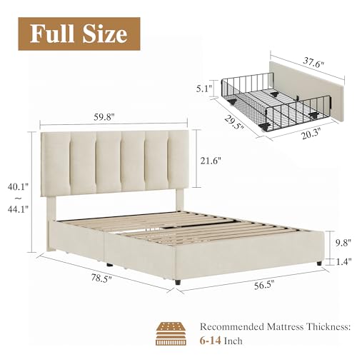 Full Size Bed Frame with 4 Storage Drawers, Adjustable Height Headboard, view 3