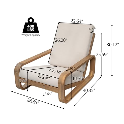 Tustin Acacia Wood Lounge Chair Outdoor with Removable Cushion, Solid Wood Patio Accent Chair with Cushion, Patio Furniture Set Sofa Chair, Light Teak+Beige