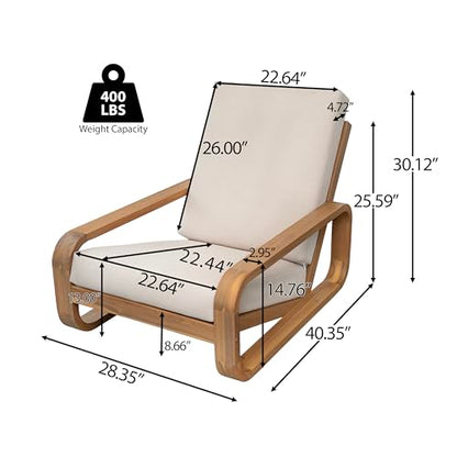 Tustin Acacia Wood Lounge Chair Outdoor with Removable Cushion, Solid Wood Patio Accent Chair with Cushion, Patio Furniture Set Sofa Chair, Light Teak+Beige