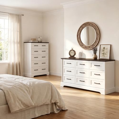 57" Farmhouse Dresser for Bedroom, 9 Drawers Dresser, White & Brown, view 8