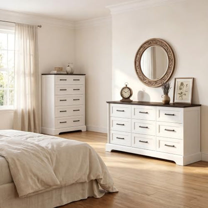 57" Farmhouse Dresser for Bedroom, 9 Drawers Dresser, White & Brown, view 8