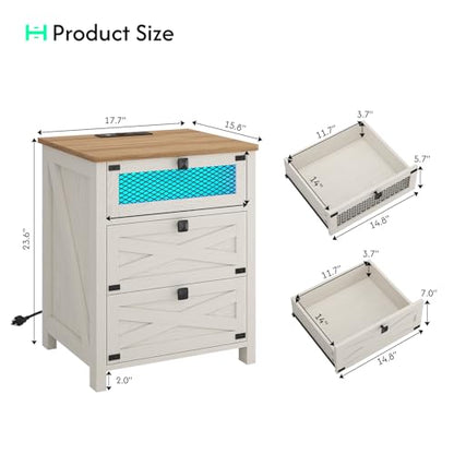 Farmhouse Night Stand for Bedroom, Rustic Vintage White Nightstand with Charging Station and LED Lights, Bedside Table with 3 Drawers, Retro Side End Table with Storage