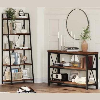 Ladder Shelf Bookcase, 5-Tier Industrial Ladder Bookshelf, Tall Living Room Shelves, Wood and Metal Leaning Shelf for Home Office, Kitchen, Bedroom, Balcony (Rustic Oak)