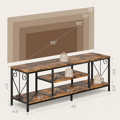 TV Stand for 65 70 75 Inch TVs, 63" Heavy-Duty Industrial Entertainment Center with 3-Tier Open Shelves, Solid 6-Leg Structure & Soundbar Space, TV Console Table for Living Room and Bedroom