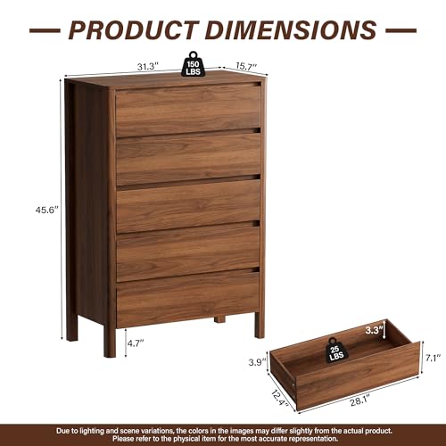Walnut Dresser for Bedroom, 5 Drawer Dresser with Wood Legs, Tall Wood Dresser, view 3