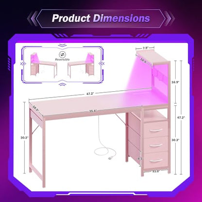 48 Inch Gaming Computer Desk with Led Lights, Small Desk with Storage Shelves and Drawers, Reversible Compact Gamer Table for Home Office, Carbon Fiber Pink