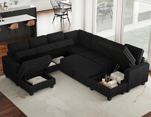 Oversized Sofa Bed Modular Sectional Sleeper Sofa with Pull Out Bed L Shaped Couch with Storage Chaise Black Couch