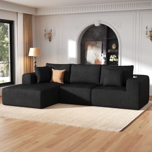 Modular Sectional Sofa, 108" Cloud Boneless Couch with Deep Seat, Cup Holder, Memory Foam, Corduroy L Shaped Couch Convertible Sofa Bed for Living Room Bedroom, No Assembly Required