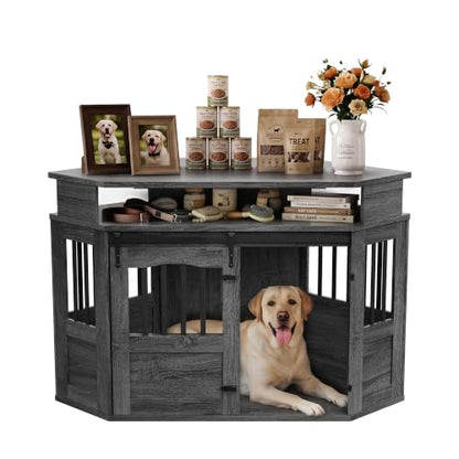 52" Corner Dog Crate for Medium Dogs, Indoor Dog Kennel Grey, view 7