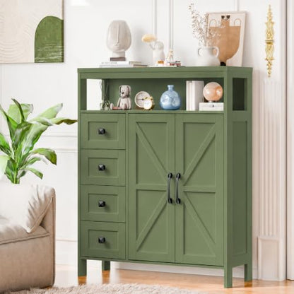 Farmhouse Storage Cabinet with 2 Doors and 4 Drawers, Green, view 2