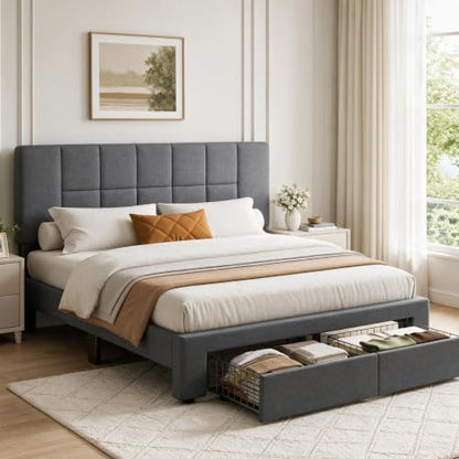 Queen Bed Frame with 2 Storage Drawers & Upholstered Adjustable Headboard, view 5