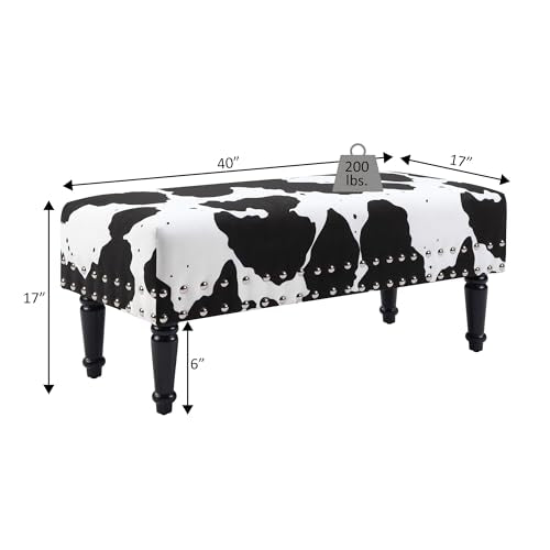 Designs4Comfort Cow Print Bench Ottoman 40" - Farmhouse, Rustic Wide Upholstered Footstool & Seat, for Living Room, Bedroom, Hallway & Entryway, Black Fabric
