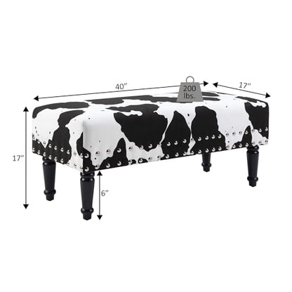 Designs4Comfort Cow Print Bench Ottoman 40" - Farmhouse, Rustic Wide Upholstered Footstool & Seat, for Living Room, Bedroom, Hallway & Entryway, Black Fabric