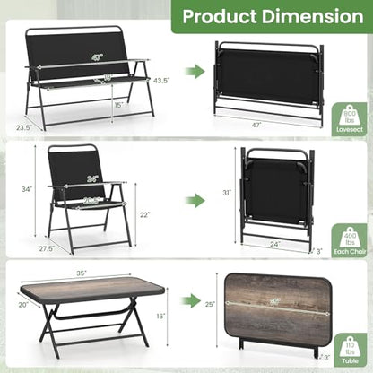 4 Piece Folding Patio Furniture Set, Metal Chair & Table Set with Breathable Fabric Seat, Outdoor Sectional Conversation Set with 2 Patio Chairs, Loveseat, Coffee Table for Yard Porch Deck
