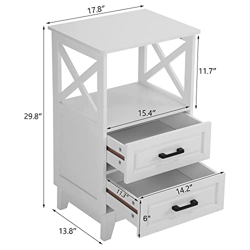 White Nightstand with 2 Storage Drawers Cabinet, Tall End Table with Wooden X-Design for Bedroom,Living Room, White