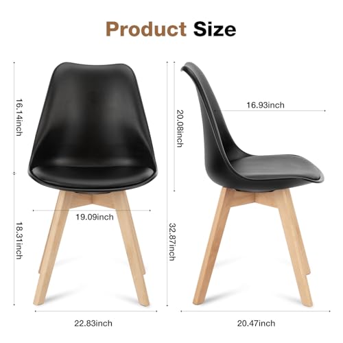 Set of 4 Dining Kitchen Mid-Century Modern Chairs with Wood Legs and PU Leather Cushion, Upholstered Seating for Living Room Bedroom Outdoor Lounge, Black