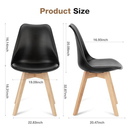 Set of 4 Dining Kitchen Mid-Century Modern Chairs with Wood Legs and PU Leather Cushion, Upholstered Seating for Living Room Bedroom Outdoor Lounge, Black