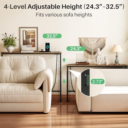 94.5" Extra Long Behind Couch Table, Adjustable Height Narrow Console Table with 2 Power Strips, Split Design for Separate Wall Use, Anti-Scratch Tip, Rustic Brown for Living Room